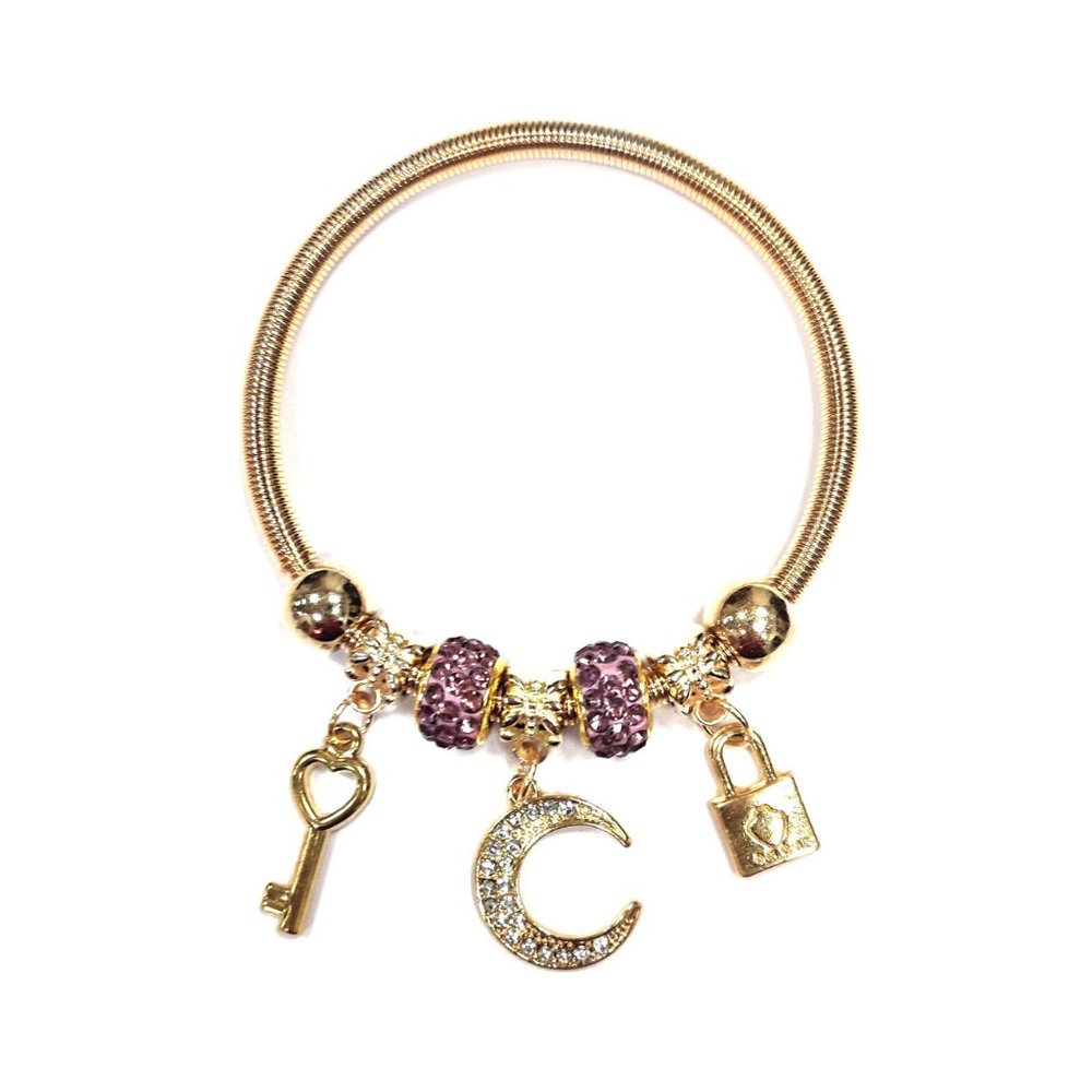 Tigerstars Crescent Moon Key Lock Charms Purple Bead Gold Stretch Coil Bracelet
